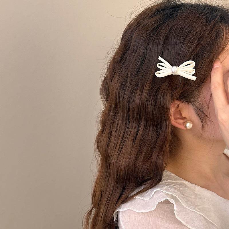 Side Clip Bangs Pearl Bow A Pair Of Hairclips Duckbill Clip - Velora