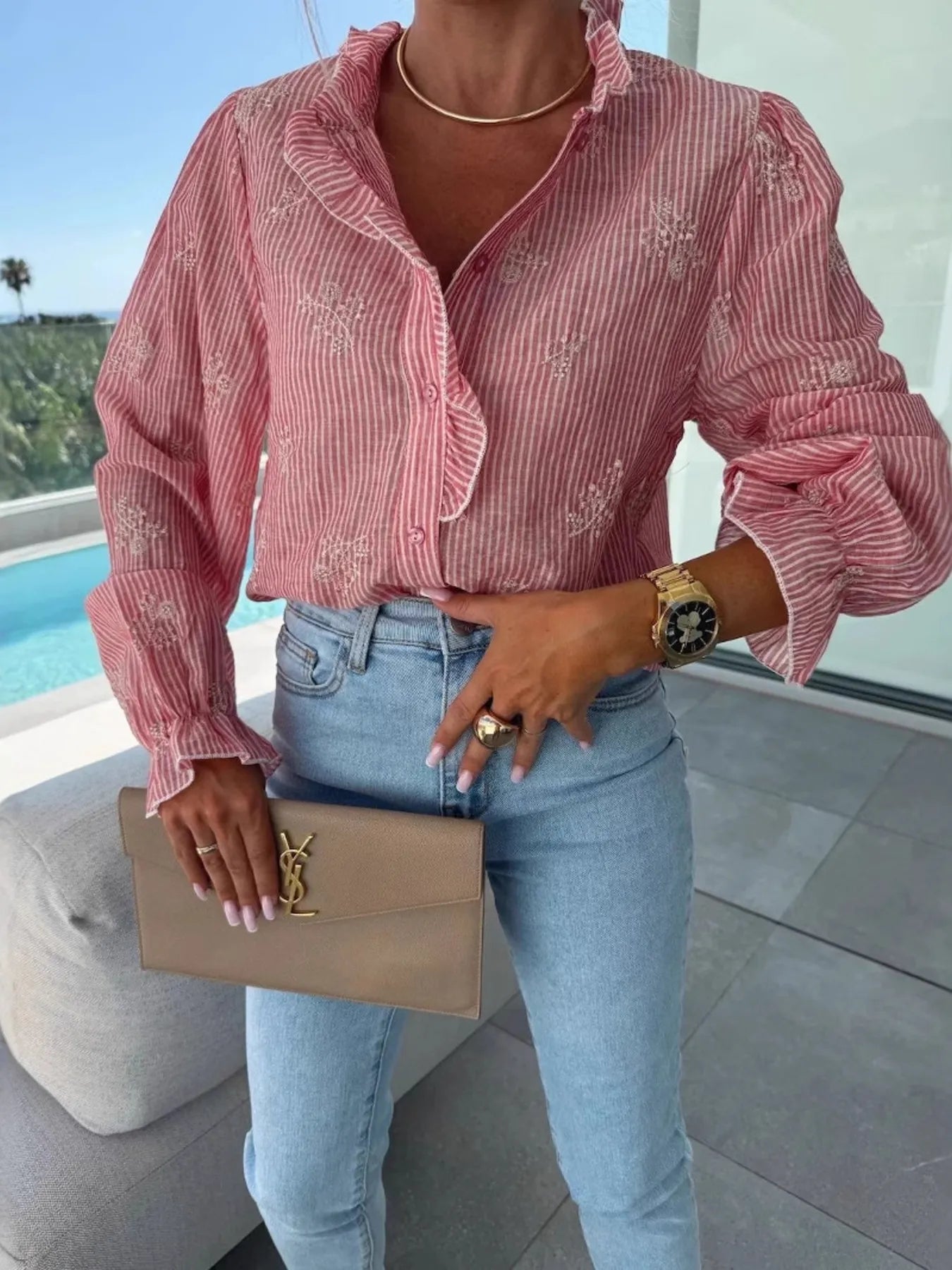 Button Up Flounce Sleeve Shirt - Velora