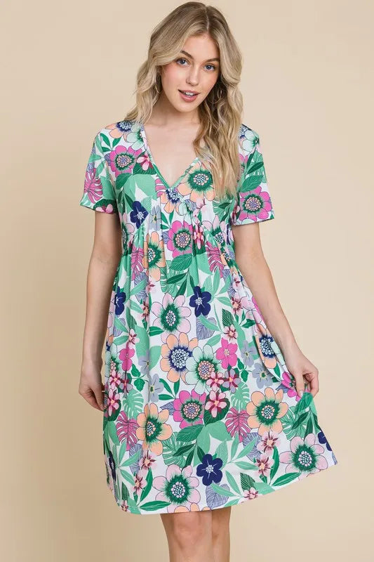 BOMBOM Ruched Floral V-Neck Short Sleeve Dress - Velora