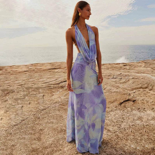 2pcs Tie Dye Printing Deep V-neck Suits Fashion Halter Backless Long Dresses For Beach Party Womens Clothing - Velora