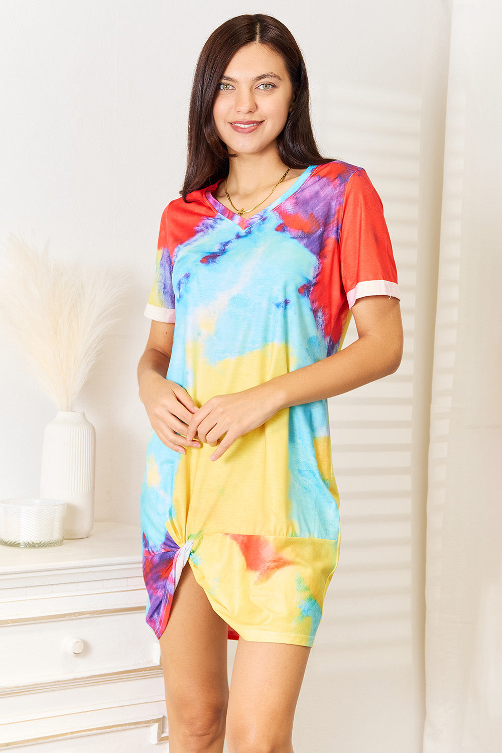 Shiny Tie-Dye V-Neck Twisted Dress - Velora