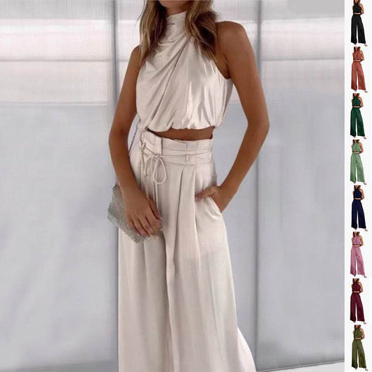 Summer Suits Casual Sleeveless Midriff-baring Top And Wide Leg Pants 2pcs Set Womens Clothing - Velora