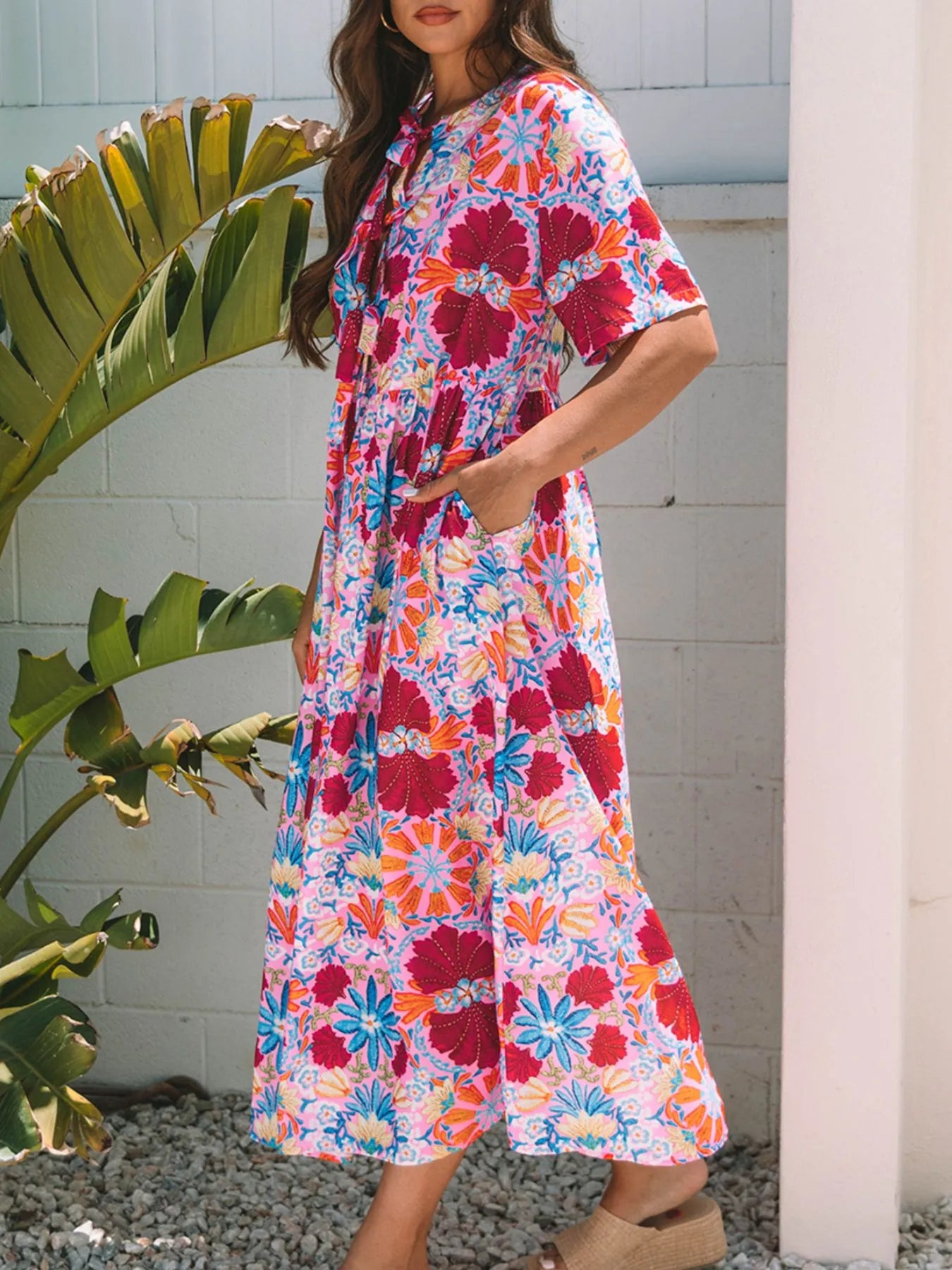 Floral Print Tie Front Midi Dress - Velora
