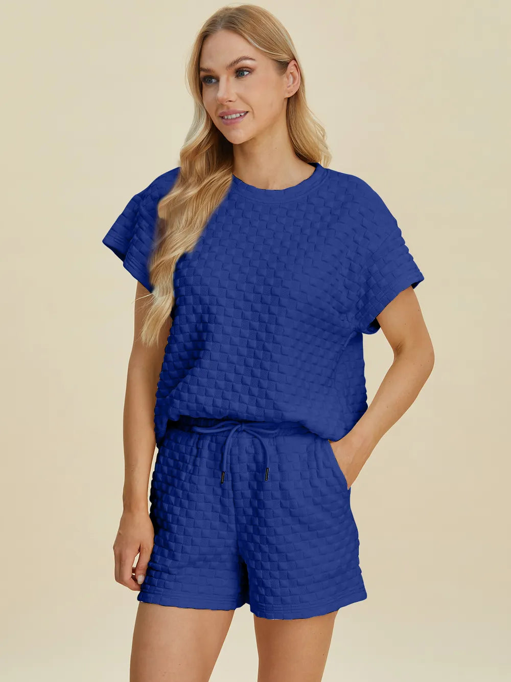 Double Take Full Size Texture T-Shirt and Shorts Set - Velora