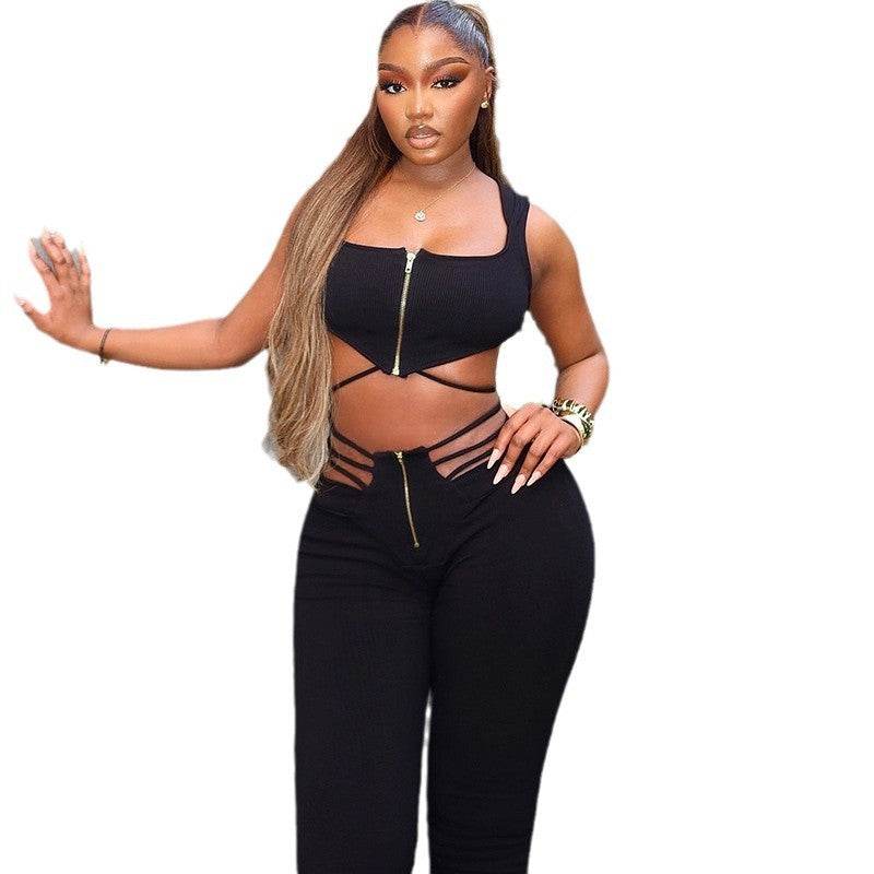 Women's Black Sleeveless Top High Waist Suit - Velora