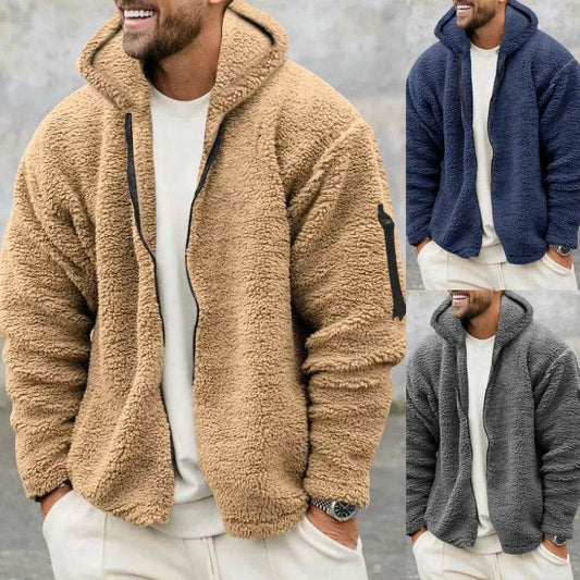 Plush Hooded Jacket Men's Autumn And Winter Fleece Double-sided Wear Warm Coat With Zipper Loose Casual Jacket Outdoor Clothing - Velora