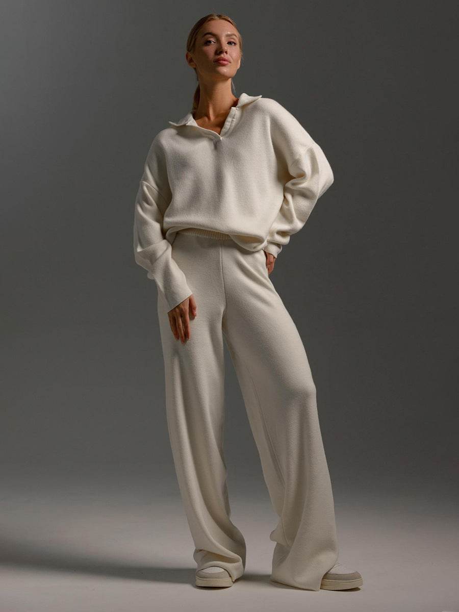 Fall Winter Two Piece Set Women's Simple Loose Solid Color Collar Sweater Set Fashion Casual Sport Wear Set - Velora