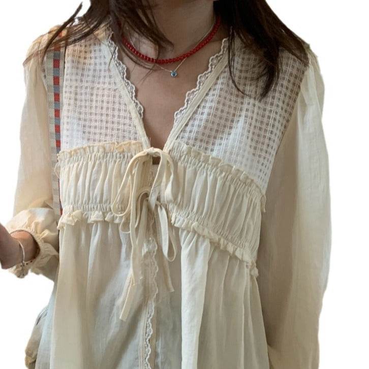 Casual Spring Summer New Retro Elegant V-neck Linen everyday blouse top - Velora