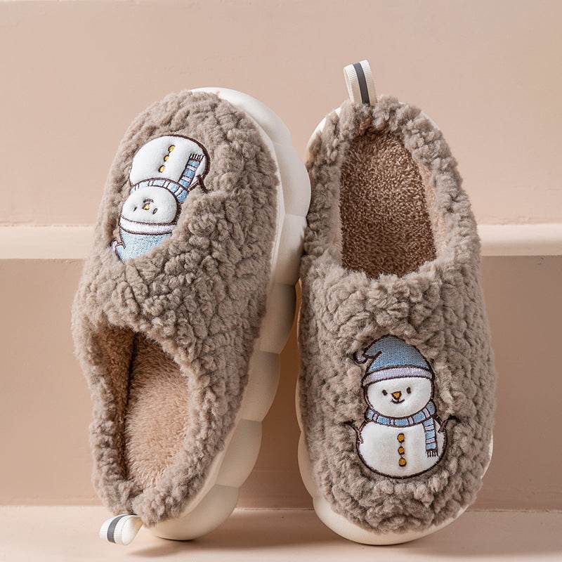 Cute Snowman Slippers Winter Indoor Household Warm Plush Thick-Soled Anti-slip Couple Home Slipper Soft Floor Bedroom House Shoes - Velora