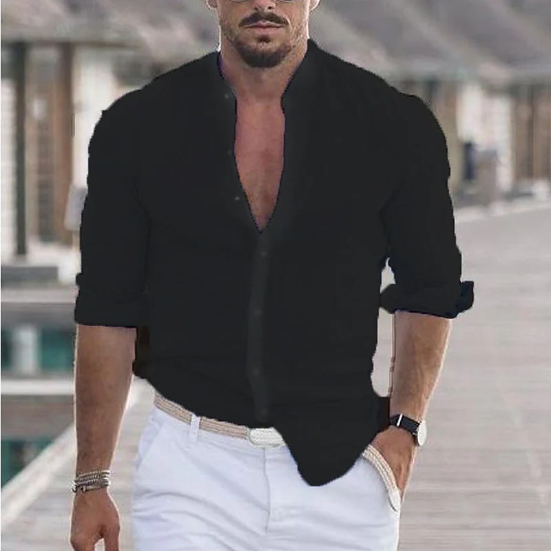Men's Long Sleeve Shirt With Button Casual Solid Color Tops For Spring Autumn - Velora