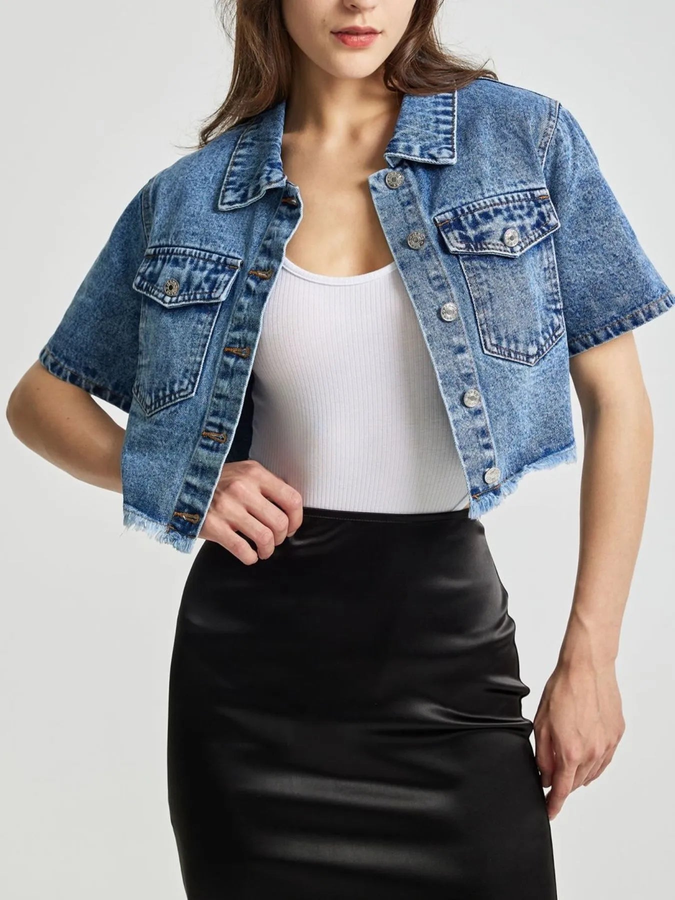 Cropped Short Sleeve Denim Jacket with Frayed Hem - Velora