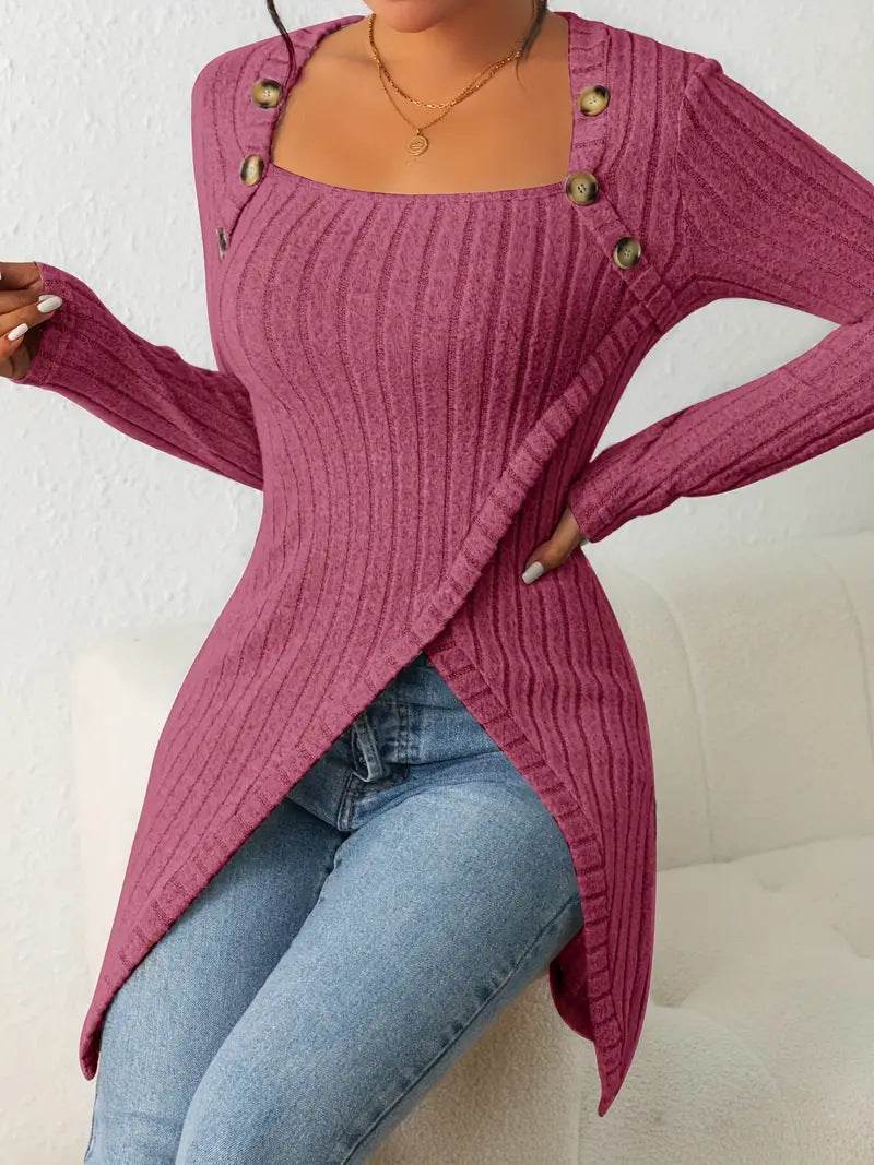 Square Collar Irregular Knitted Top With Button Design Fashion Solid Long-sleeved Long Top For Women Clothing - Velora