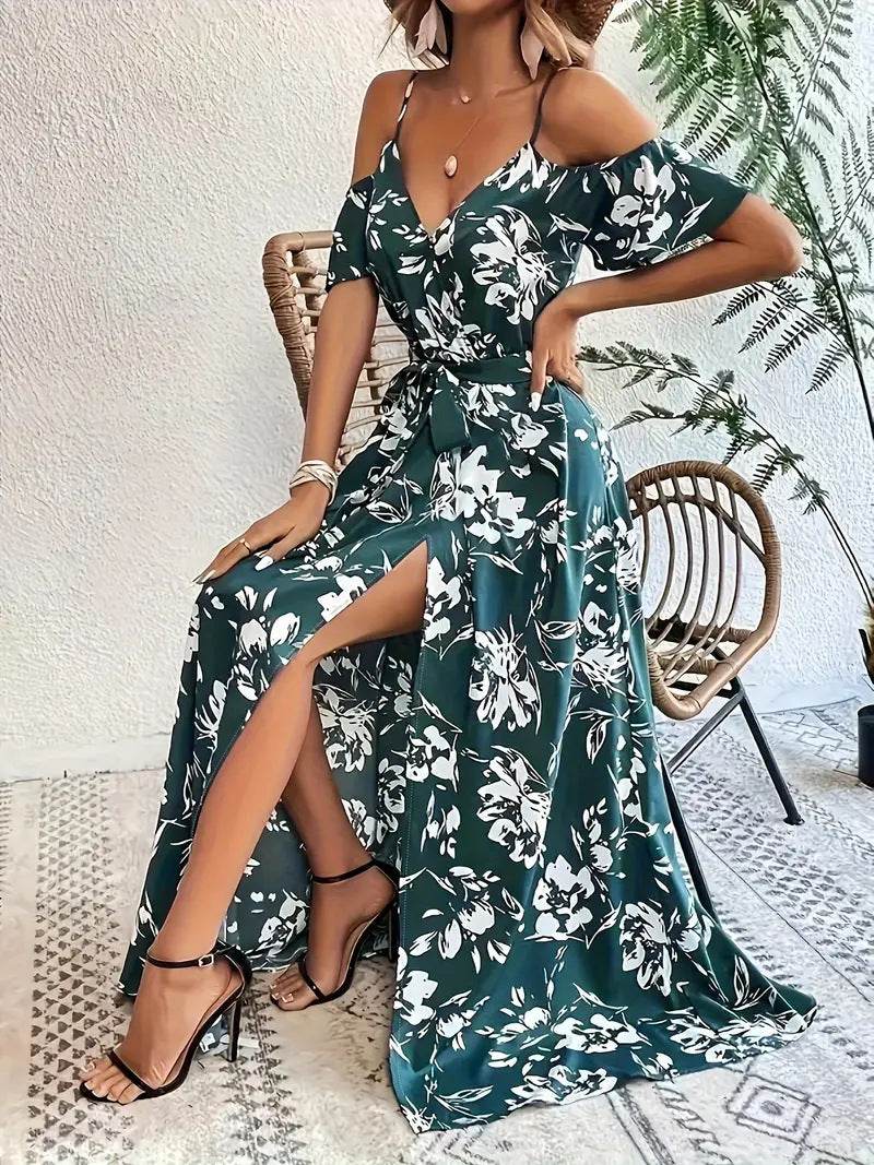 Ins Off-Shoulder Split Dress Summer Floral Print Suspender Long Dresses With Belt Design Women's Beach Clothing - Velora