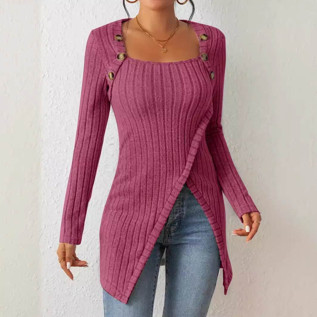 Square Collar Irregular Knitted Top With Button Design Fashion Solid Long-sleeved Long Top For Women Clothing - Velora