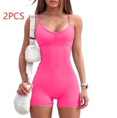 Spaghetti Strap Shorts Jumpsuit Sports Yoga Workout Tight Romper Women Fashion Fitness Sportwear - Velora