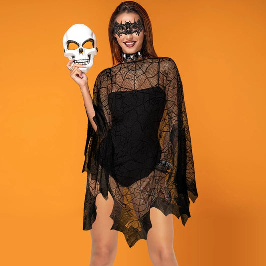 2 Pcs Halloween Poncho For Women Black Bat Spider Web Poncho And Lace Mask Masquerade Mask Halloween Party Cosplay Costume Accessory Day Of The Dead Costume,Cannot Be Listed On Amazon Platform - Velora
