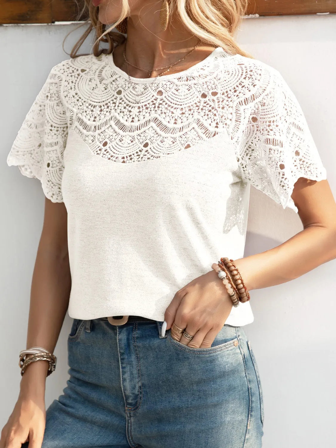 Round Neck Short Sleeve Crochet Top - Velora