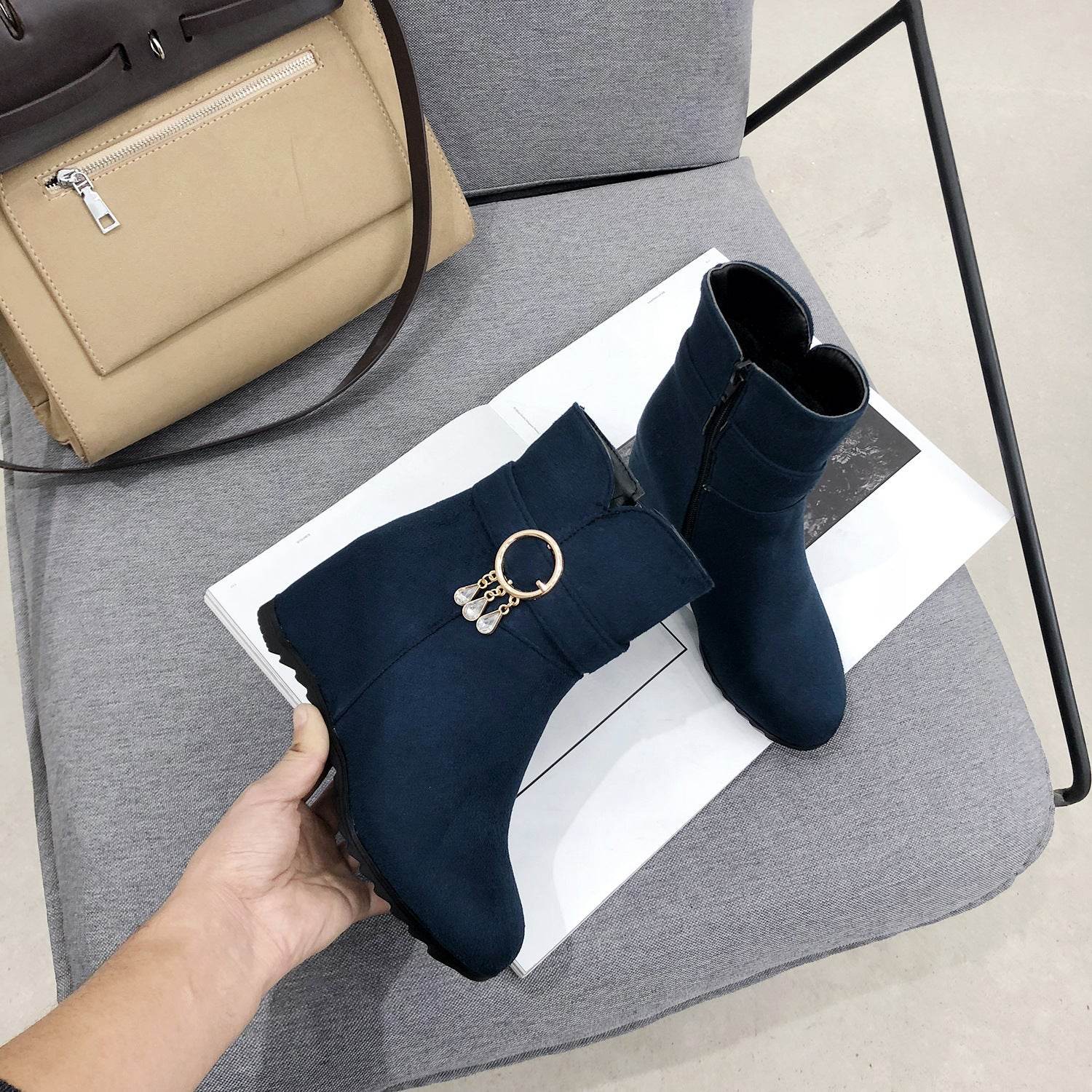 Fringed Round Toe Wedge Heel Winter Ladies Short Boots - Velora