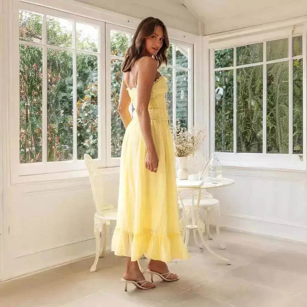 2025 Summer Suspender Spaghetti Strap Long Dresses With Bow Pleat Design Fashion Sweet Bow Beach Dress For Womens Clothing - Velora
