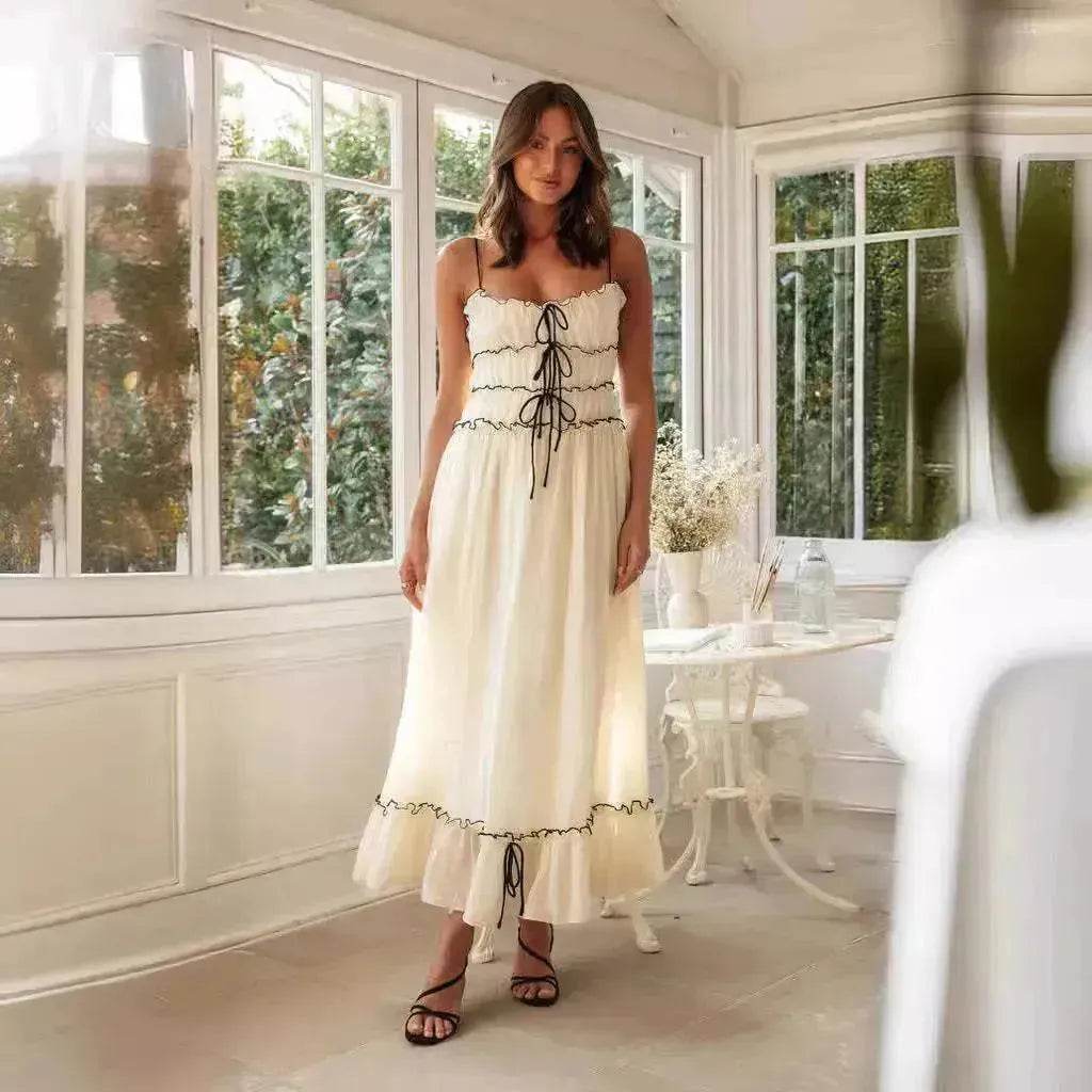 2025 Summer Suspender Spaghetti Strap Long Dresses With Bow Pleat Design Fashion Sweet Bow Beach Dress For Womens Clothing - Velora