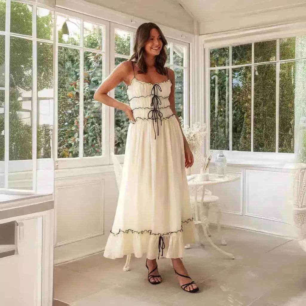 2025 Summer Suspender Spaghetti Strap Long Dresses With Bow Pleat Design Fashion Sweet Bow Beach Dress For Womens Clothing - Velora