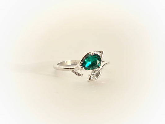 Emerald & Silver Leaf Ring | Size 9 - Velora
