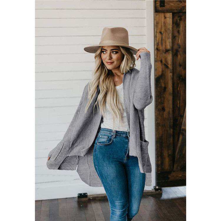 Long Sleeve Multi-color Plus Size Double Bag Cardigan Sweater - Velora