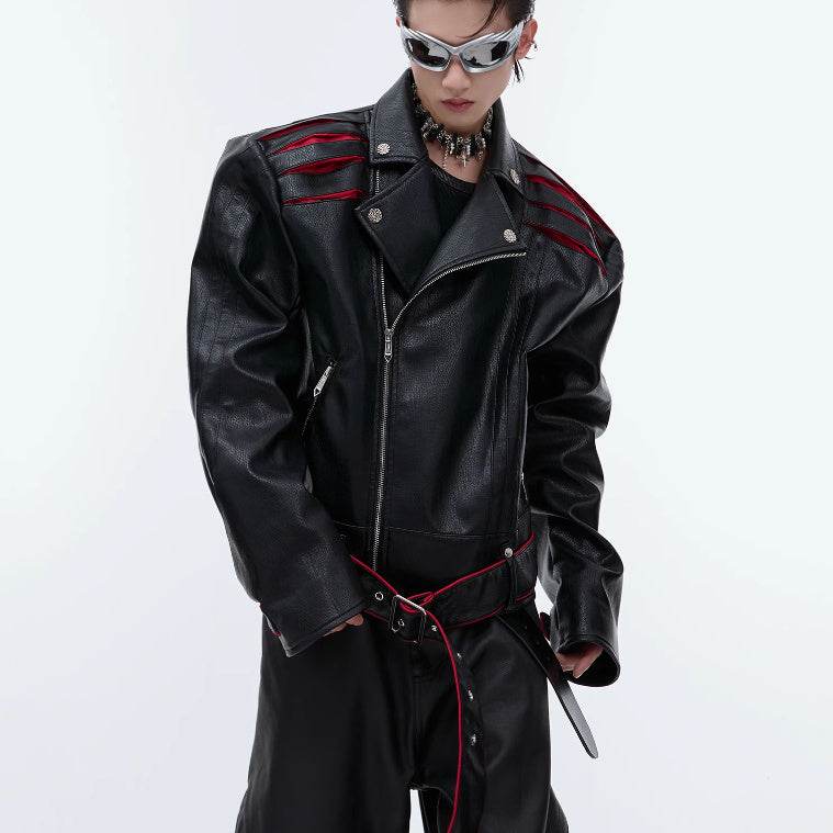 Niche Deconstruction Backbone Pleated Design Sense Short Leather Jacket - Velora