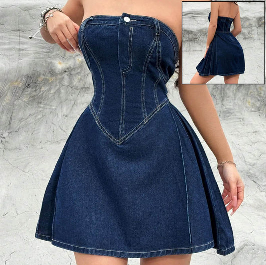 Women's Summer Off-shoulder Low Collar Sexy Fishbone Waist Tight Denim Dress Strapless Sexy Dress Trend Skinny Hipster Party Clubwear Y2K Bodycon - Velora