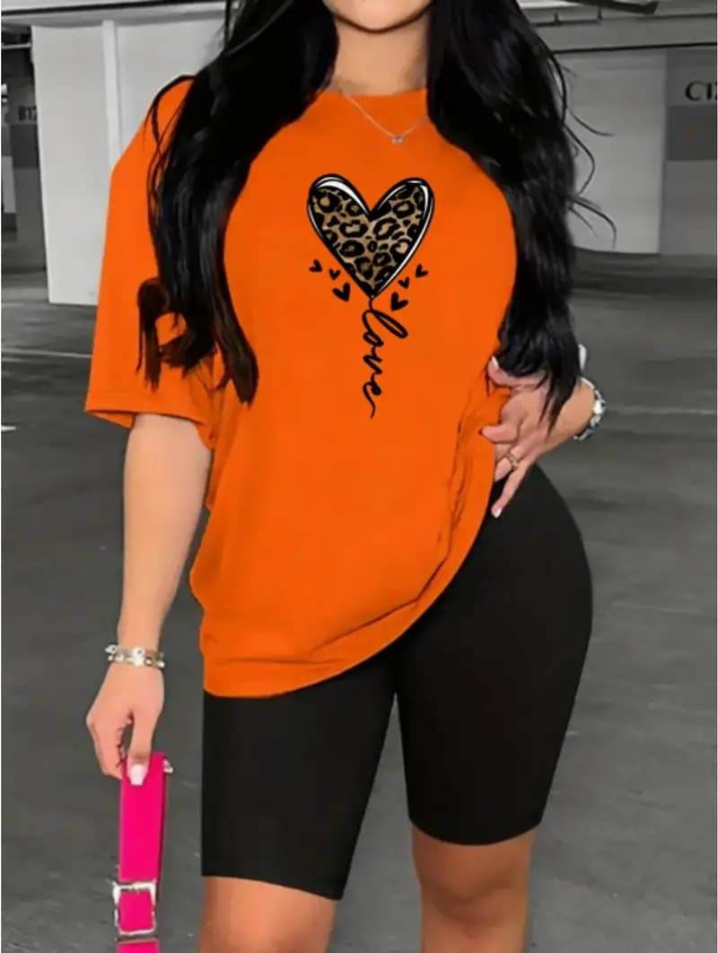 Leopard Print Casual Two-piece Set, Crew Neck Short-sleeved T-shirt And Tight Shorts - Velora