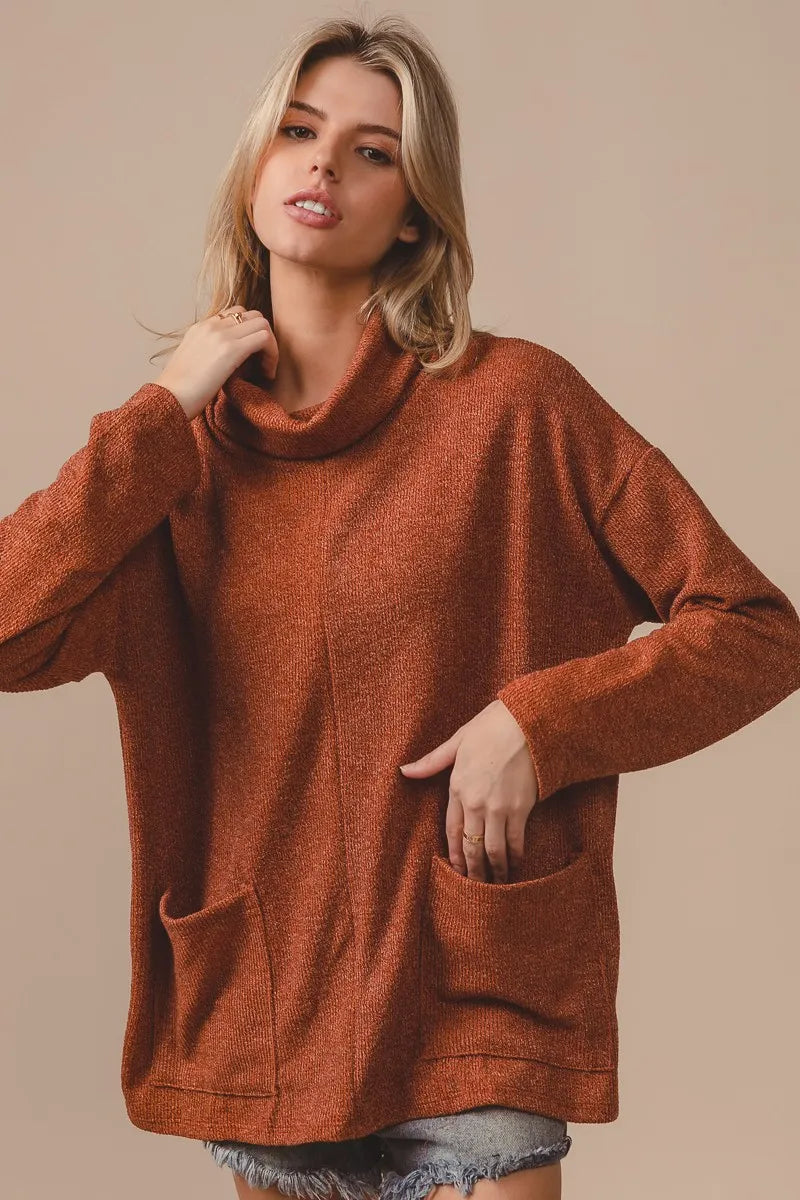 BiBi Piper Rib Double Pocket Turtle Neck Sweater - Velora