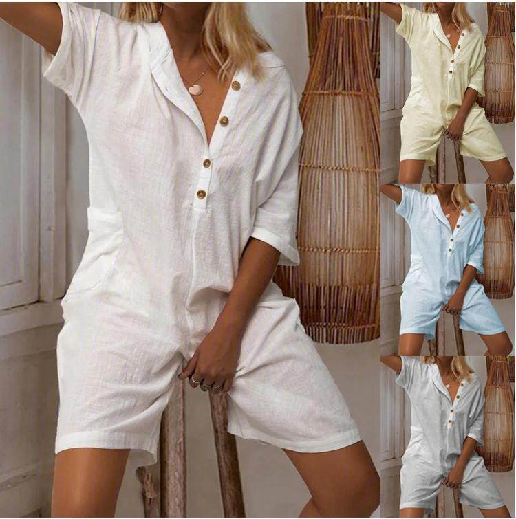 European And American Women's Lapel Cotton Linen Jumpsuit - Velora