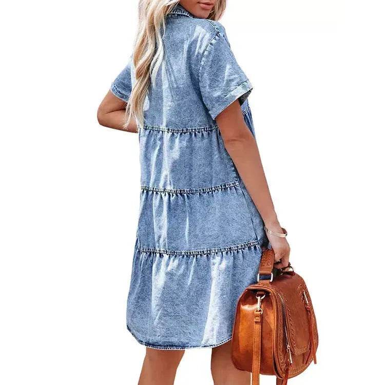 European And American Washed Denim Lapel Ruffled Denim Dress Jeans Flared dress Casual Denim mini dress - Velora