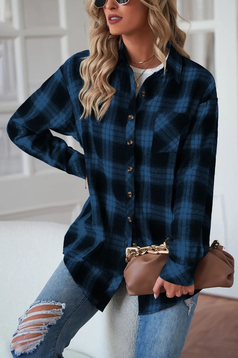 Plaid Button Up Dropped Shoulder Outerwear - Velora