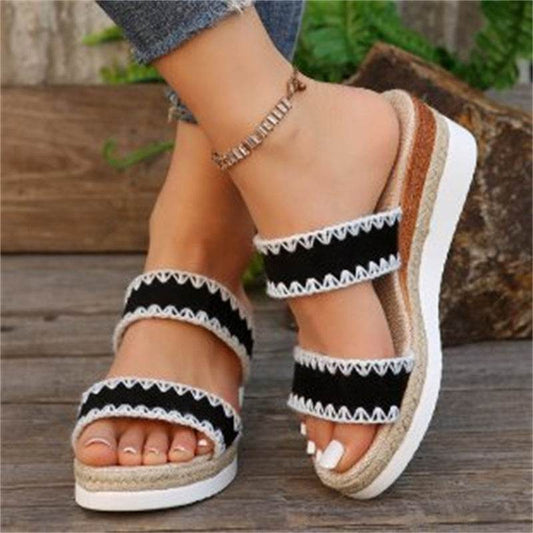 New Hemp Rope Woven Wedge Slippers Summer Ethnic Style Sandals Double Wide Strappy Shoes For Women - Velora