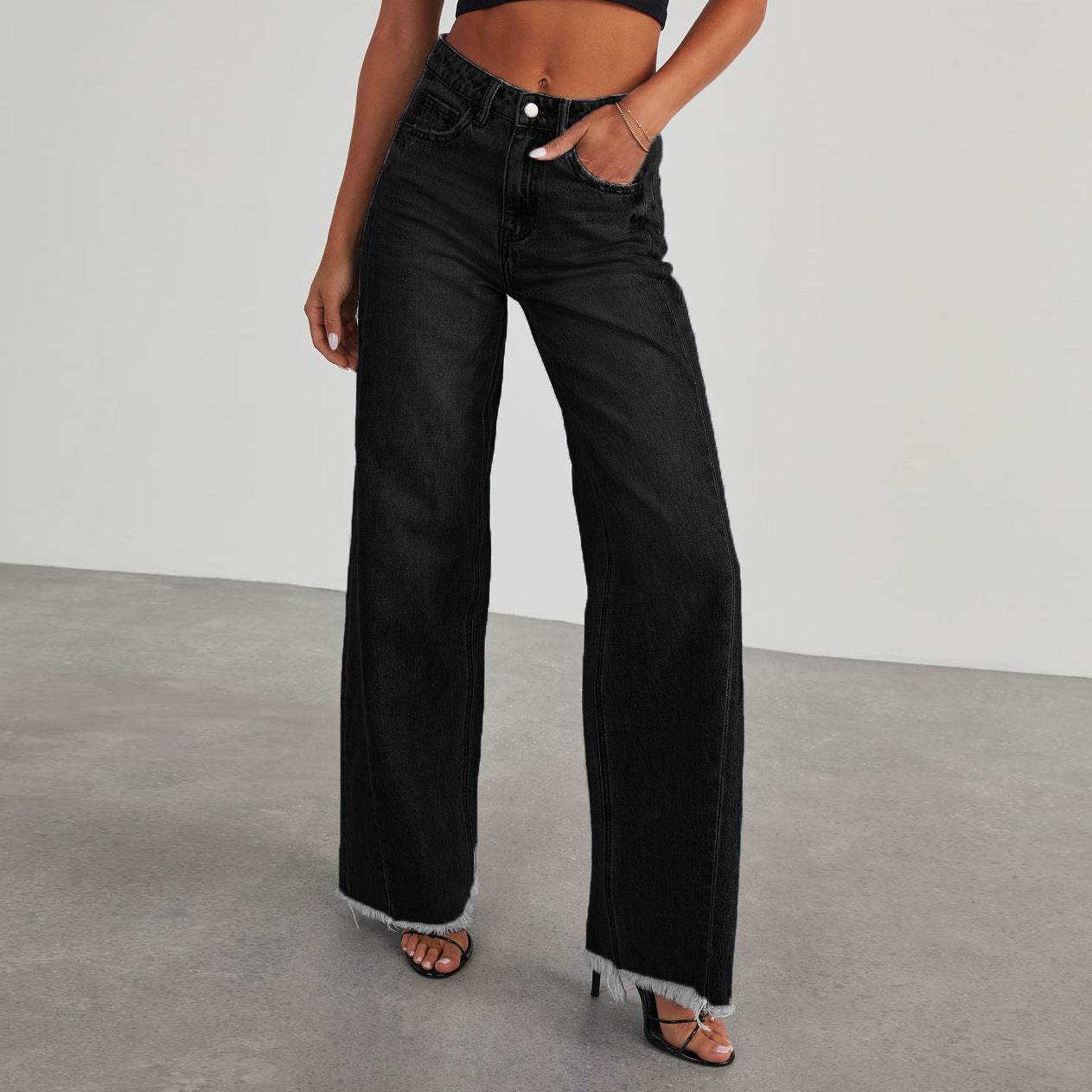 Fashion High Waist Jeans With Pockets Comfortable Slim Fit Straight Wide-leg Pants Womens Clothing - Velora