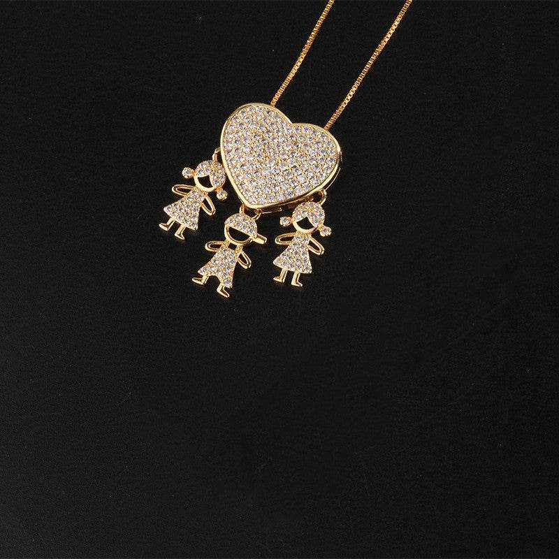Fashion Jewelry Son Daughter Heart Gold Color Cubic Zirconia Family Girl Boy Pendant Necklace Chain Jewelry For Mother Gift - Velora