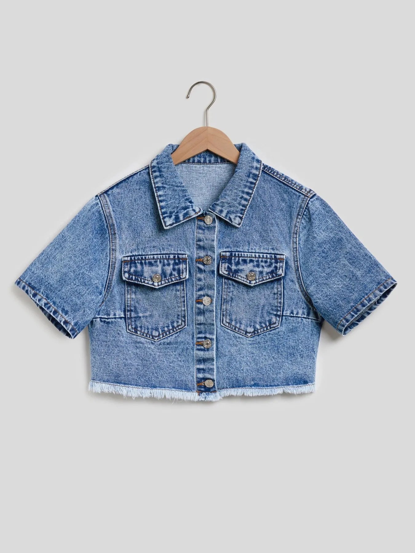 Cropped Short Sleeve Denim Jacket with Frayed Hem - Velora