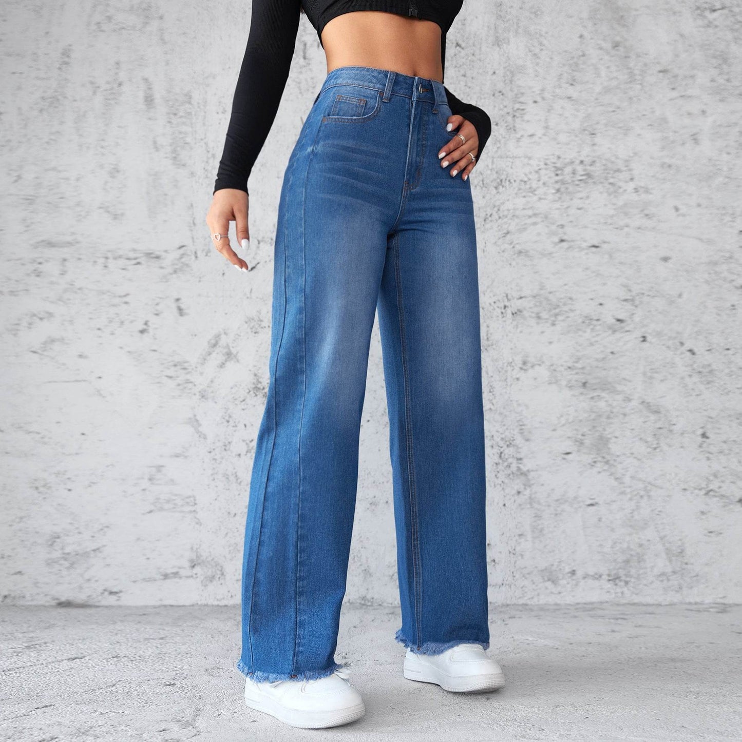 Fashion Straight Wide-leg Jeans Casual High-waist Non-elastic Womens Clothing - Velora