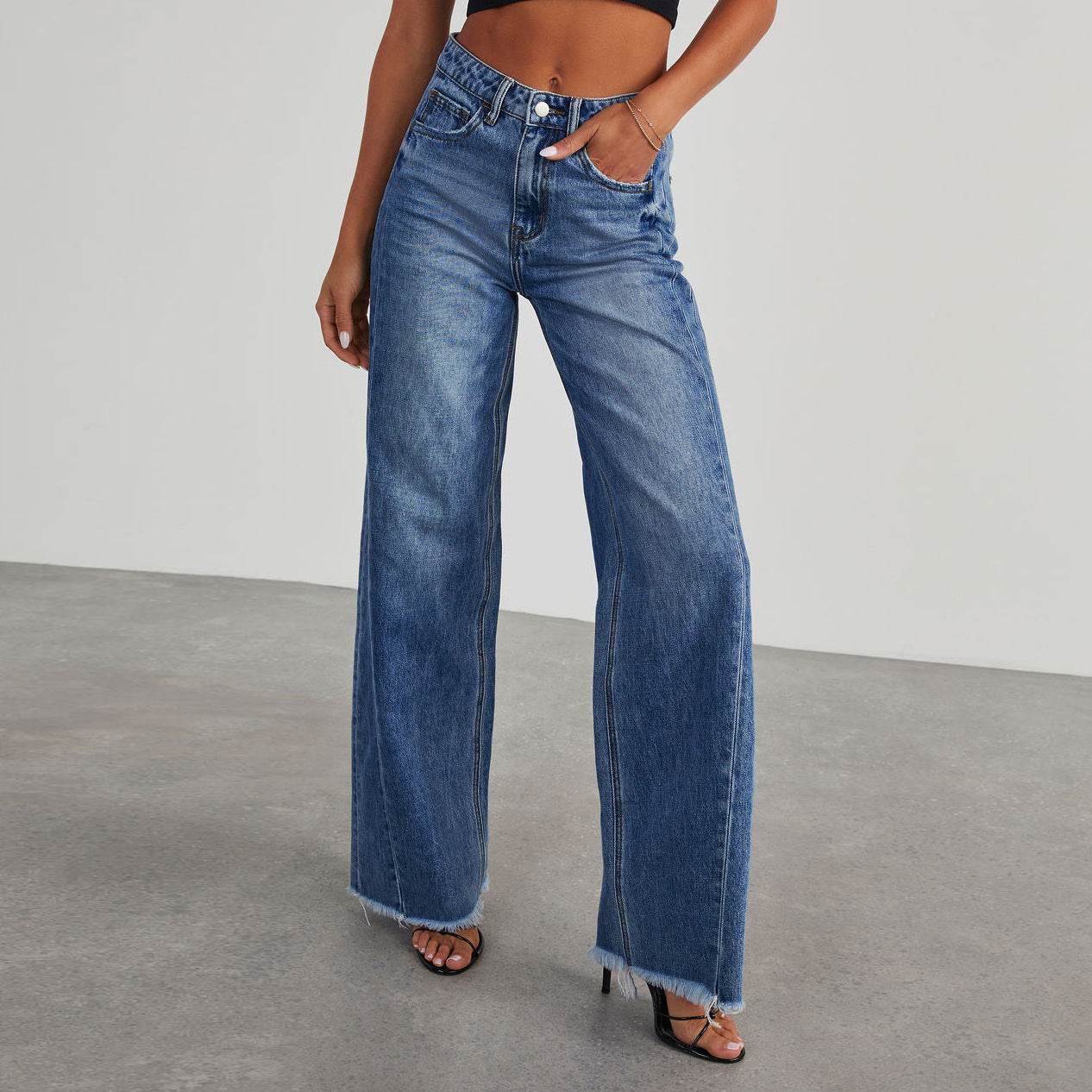 Fashion High Waist Jeans With Pockets Comfortable Slim Fit Straight Wide-leg Pants Womens Clothing - Velora