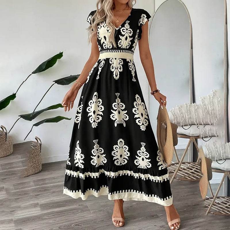 Women's Summer Flowy Maxi Dress Casual Cap Sleeve V Neck Smocked Waist Beach Sundress - Velora