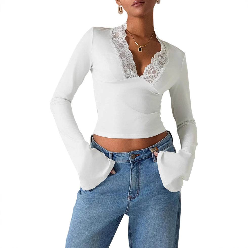 Slim V-neck Lace T-Shirt Ins Fashion Trumpet Sleeve Long-sleeved Top Women Clothing - Velora