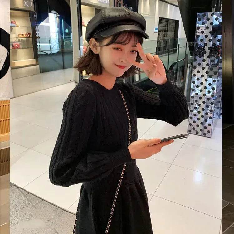 Autumn Winter Knitted Slim Fit Round neck Mini Flared Sweater dress - Velora