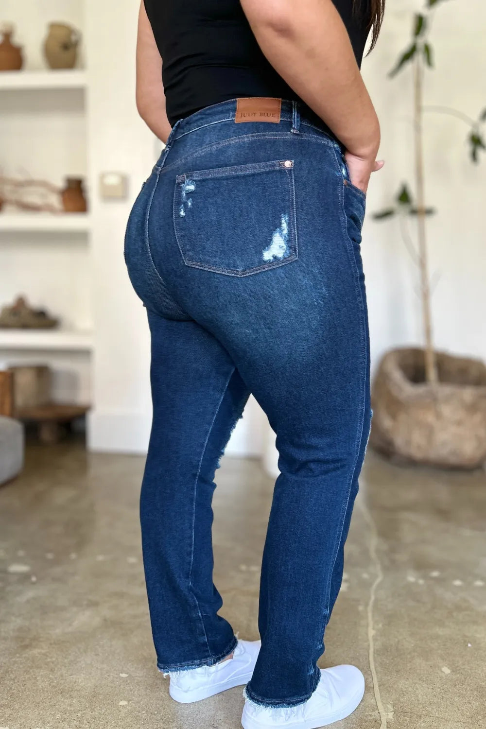 Judy Blue Full Size High Waist Rigid Magic Heavy Destroy Straight Jeans - Velora
