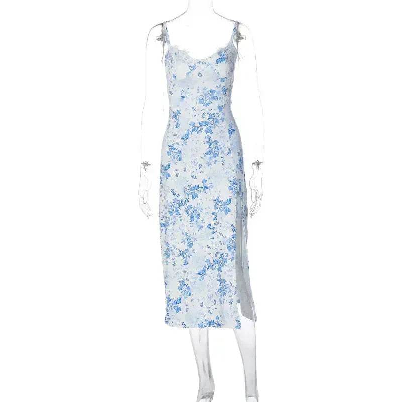 Women's Floral Spaghetti Strap Cami Dress Lace Trim Side Slit Bodycon Midi summer Dress - Velora