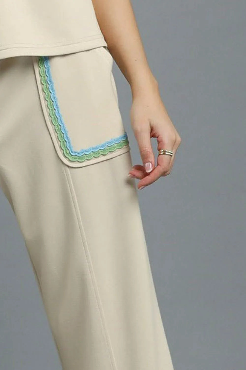 Umgee Drawstring Wide Leg Pants with Scallop Trim Detail - Velora