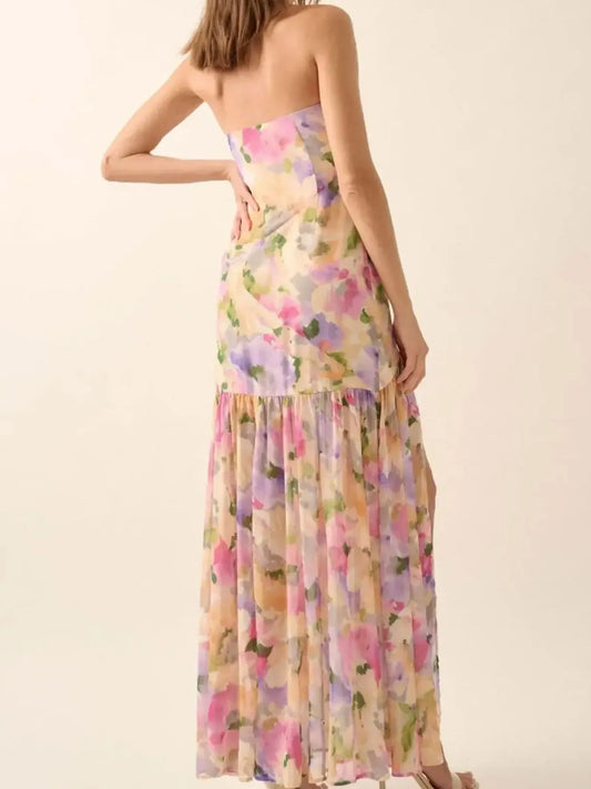 Strapless Floral Maxi Dress with Side Slit - Velora
