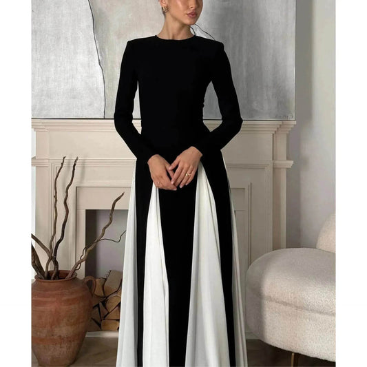 Luxury Classy Women's Black And White Stitching Long Sleeve Dress Long Skater Dress Flared Dress for Wedding Evening Party Cocktail Dress
