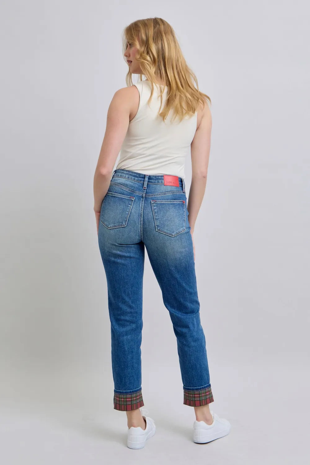 Judy Blue Full Size Plaid Print Cuff Straight Leg Jeans with Pockets - Velora