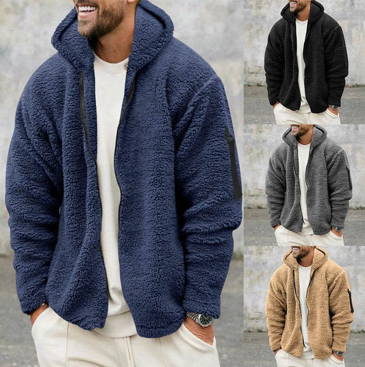Plush Hooded Jacket Men's Autumn And Winter Fleece Double-sided Wear Warm Coat With Zipper Loose Casual Jacket Outdoor Clothing - Velora